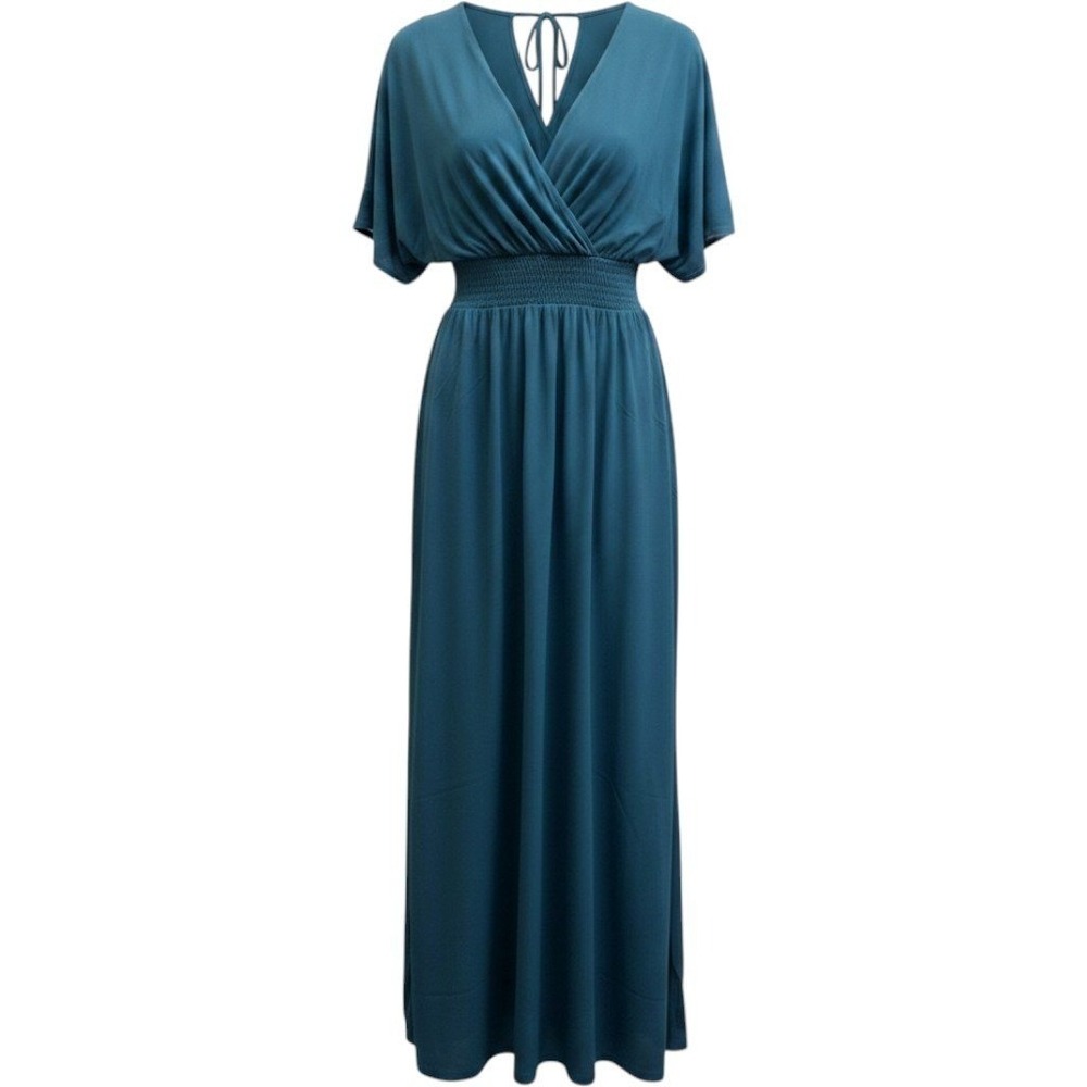 OneTheLand Flutter Sleeve Smocked Waist‎ Maxi Dress Dusty Blue Sm / #26315